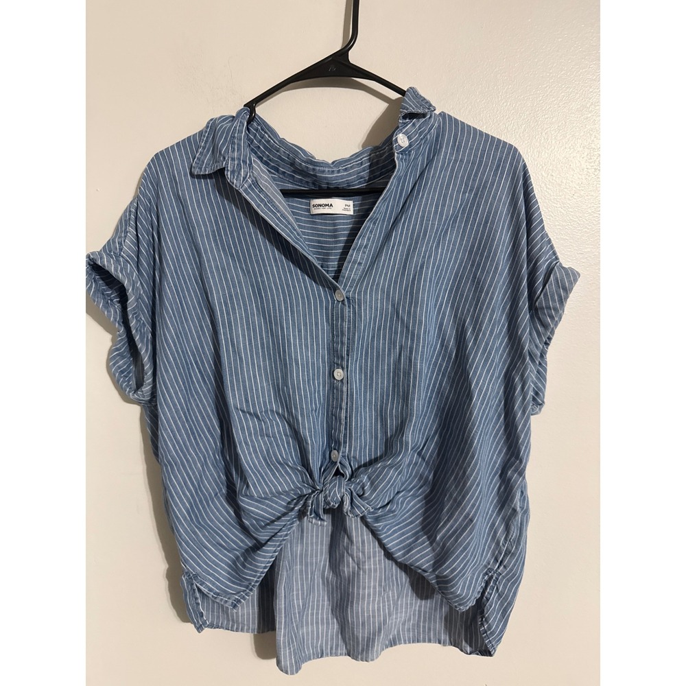 Sonoma Goods For Life Blue White Pinstripe Tie Front Lyocell Shirt PM Womens